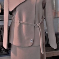 Women's WETHERALL camel and cream wool suit with wrap around skirt and belted jacket with collared scarf, size 10 - Sold for $37 - 2018