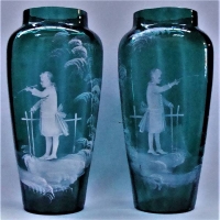 c1900 Matching pair of Green Mary Gregory Vase Girl fishing  - 29cm tall crack to base - Sold for $87 - 2018