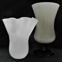 2-pieces-Vintage-ART-Glass-inc-Milk-glass-fluted-rim-21cm-H-stemmed-smokey-glass-vase-milk-glass-interior-slightly-flared-30cm-H-Sold-for-43-2020