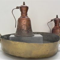3-x-Vintage-items-inc-Brass-two-handled-pan-2-x-Eastern-COPPER-lidded-jugs-with-beaten-direction-around-circumference-Sold-for-62-2020