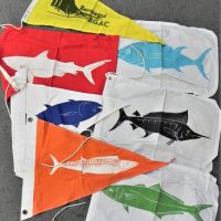Group-lot-vintage-FISHING-Catch-Release-FLAGS-assorted-fish-designs-Colours-inc-Black-marlin-Shark-etc-Sold-for-43-2020