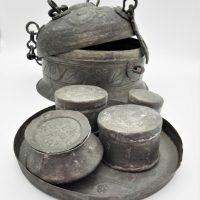 Middle-Eastern-hand-beaten-metal-portable-lidded-round-box-containing-spice-boxes-tray-lockable-with-chains-handle-to-domed-top-Sold-for-149-2020