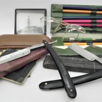 Small-lot-of-Blokey-vintage-items-inc-Bengall-Cut-Throat-Razors-glass-scenic-photographic-plates-cased-spectacles-etc-Sold-for-62-2020