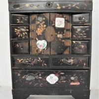 Small-vintage-Chinese-black-lacquerware-jewellery-Cabinet-hand-painted-3-porcelain-plaques-lift-up-top-various-sized-drawers-paper-slots-43-Sold-for-118-2020