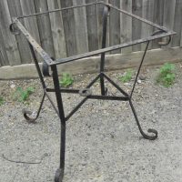 Vintage-Wrought-iron-Outdoor-Table-frame-scrolly-design-missing-wooden-slat-top-umbrella-holder-through-lower-Sold-for-99-2020