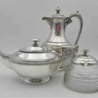 3-x-Silverplate-items-inc-Walker-Hall-Teapot-Phillip-Ashberry-Sons-Coffee-pot-with-ornate-detail-Honey-Pot-ribbed-glass-silverplate-lid-with-b-Sold-for-50-2021