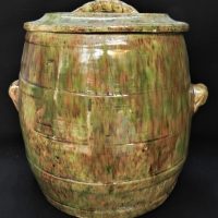 Bosley-Lidded-Bread-Crock-w-Raised-Bands-Moulded-Handles-Some-Damage-Sighted-38cm-H-Sold-for-43-2021