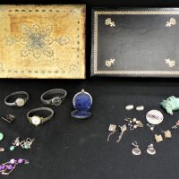 Group-lot-2-Florentine-boxes-gilded-leather-with-contents-pairs-vintage-earrings-watches-chatelaine-coin-case-brooches-etc-Sold-for-81-2021