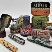 Grp-Lot-of-Vintage-Mixed-Tins-Pocket-Knives-Ink-Bottles-Wells-incl-Travel-Inkwell-Constipation-Tin-Sold-for-43-2021