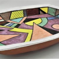 Gus-McLaren-1923-2008-Australian-Pottery-Footed-Bowl-oblong-shape-Hand-painted-Colourful-Geometric-design-incised-signature-to-base-32cm-L-Sold-for-559-2021
