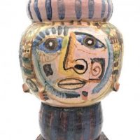 Gus-McLaren-1923-2008-Large-Australian-Pottery-Lidded-Jar-Man-Woman-Owl-Fish-Hand-painted-colourful-decoration-to-4-sides-pinched-protrus-Sold-for-1677-2021