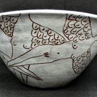 Large-David-Bromley-Australian-pottery-Bowl-grey-glaze-over-Terracotta-with-Scraffito-design-of-mythical-birdshumans-sgd-with-initials-DB-96-and-Sold-for-323-2021