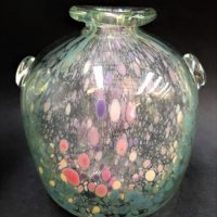Les-Blakeborough-1930-Australian-Art-Glass-Vase-Bulbous-shape-with-Lug-Handles-Multi-coloured-splotches-to-front-back-signed-dated-76-t-Sold-for-224-2021