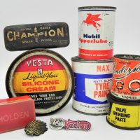 Small-Lot-of-Vintage-Motoring-Tins-Some-w-Contents-incl-Champion-Spark-Plugs-Mobil-Upper-lube-Kenderson-Spring-Washers-etc-Sold-for-62-2021
