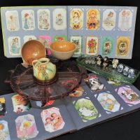 Group-lot-mixed-items-inc-Depression-glass-inc-Pink-depression-glass-divided-platter-green-oblong-dish-Pottery-2-x-SWAP-Albums-Three-wise-Monkey-Sold-for-62-2021