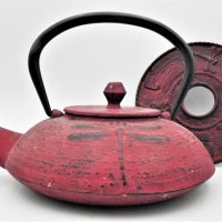 Japanese-Cast-Metal-Tea-Pot-diffuser-with-matching-trivet-Deep-red-with-dragon-fly-decoration-marks-to-base-on-both-Sold-for-50-2021