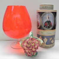 3-x-items-large-1970s-red-Brandy-balloon-glass-vase-Fabienne-Jouvin-Paris-decorated-lidded-ceramic-container-Juanella-green-Australian-pottery-Sold-for-56-2021