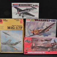 Approx-4-x-boxed-Plastic-Model-Plane-Kits-assorted-makers-and-crafts-inc-Hobbycraft-MiG-17f-Monogram-Messerschmitt-ME-109-E-Airfix-Hawker-Hurrica-Sold-for-56-2021