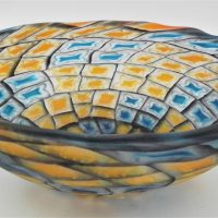 Australian-Mosaic-satin-art-glass-Bowl-orangeblue-tones-Signed-Dated-to-base-18cms-D-Sold-for-37-2021