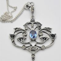 Silver-Art-Deco-necklace-with-open-work-pendant-set-with-blue-and-white-sapphires-attached-to-chain-marked-935-Sold-for-50-2021