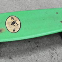 Vintage-1970s-Green-Plastic-Skateboard-w-Original-Trucks-Wheels-stickers-Made-in-Taiwan-Republic-of-China-to-bottom-NIS-280-to-top-Sold-for-50-2021