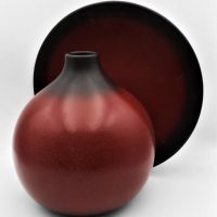 2-x-pces-Italian-Mid-century-modern-ceramics-made-exclusively-for-David-Jones-large-bulbous-Vase-22cmsH-shallow-dish-31cmsD-in-matt-black-Sold-for-50-2021