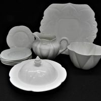 Early-1900s-Part-Set-SHELLEY-White-China-inc-Cake-Serving-Plate-Milk-Jug-Open-Sugar-Bowl-Small-Lidded-dish-af-6-small-side-plates-Sold-for-62-2021