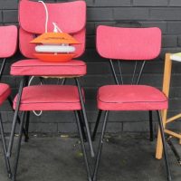 Group-lot-Retro-INC-4-x-1950s-Kitchen-Chairs-Red-Speckled-Vinyl-Orange-Genie-hanging-fluorescent-lamp-Pine-stool-Yellow-White-Woven-seat-Sold-for-124-2021