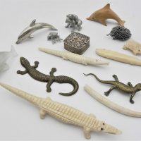 Group-lot-of-miniatures-inc-bone-carved-animals-Crocodile-fish-frog-Silver-filigree-square-box-brass-lizards-etc-Sold-for-93-2021