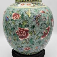 Large-vintage-Chinese-Ginger-Jar-on-Carved-timber-stand-Green-butterflies-flowers-Lid-af-27xm-H-Sold-for-236-2021