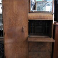 Vintage-American-made-Walnut-Veneer-Combination-gents-robe-dome-topped-mirrored-cupboard-section-with-right-desk-hanging-space-Sold-for-112-2021