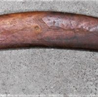 Vintage-Australian-Aboriginal-Boomerang-Fluted-underside-with-Incised-decoration-to-top-pointed-Finials-to-each-end-whole-drilled-through-middle-t-Sold-for-186-2021