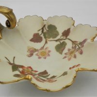 c1890-Royal-Worcester-Blush-Leaf-shaped-dish-hand-painted-floral-curled-scroll-gild-handle-Sold-for-112-2021