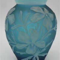 c1890-Thomas-Webb-two-tone-Cameo-glass-vase-bluegreen-with-flowers-leaves-butterfly-reverse-8cms-H-unmarked-Sold-for-298-2021
