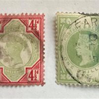 2-x-Stamp-GB-1887-92-Queen-Victoria-1s-green-Jubilee-iss-45d-green-and-carmine-Sold-for-62-2021