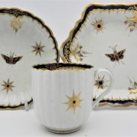 3-x-pces-18th-c-Worcester-porcelain-decorated-with-blue-gilded-butterflies-leaves-stars-hexagon-dish-coffee-cup-saucer-all-with-blue-Cresce-Sold-for-149-2021