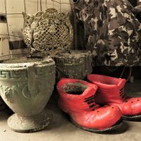 5-x-Heavy-Outdoor-Garden-Planters-incl-Pair-of-Concrete-Clown-Shoe-Planters-Pair-of-Classical-Concrete-Urn-Planters-Decorative-Brass-Planter-Sold-for-93-2021