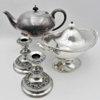 Group-lot-silver-plate-incl-Vintage-Hardy-Bros-sauce-tureen-with-domed-lid-24cms-W-Paramount-art-deco-teapot-and-a-pair-of-silver-plate-candle-Sold-for-43-2021