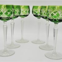 Set-of-6-Crystal-stemmed-wine-goblets-Green-flash-cut-hand-cut-stems-20cm-H-Sold-for-75-2021