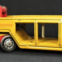 Vintage-Tin-Toy-Car-Transporter-Truck-in-Bright-Yellow-Red-Marked-Made-in-Great-Britain-Sold-for-99-2021