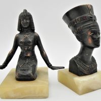 2-x-Egyptian-heavy-metal-statues-with-Alabaster-bases-inc-Nefertiti-bust-Cleopatra-approx-12cm-H-Sold-for-62-2021