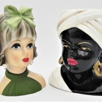 2-x-Vintage-Japanese-lady-head-vases-Lady-green-dress-bow-small-chip-to-back-African-lady-af-Sold-for-50-2021