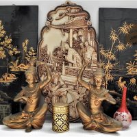 Group-lot-Oriental-items-inc-vintage-bud-vase-marks-to-base-Pair-hand-painted-timber-panels-with-gold-detail-Plaster-wall-hanging-2-x-Thai-metal-g-Sold-for-43-2021