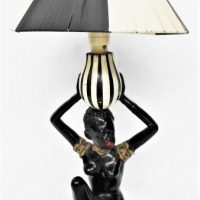 Vintage-Barsony-style-black-lady-Lamp-seated-full-figure-with-white-black-pot-on-head-black-whiteribbon-shade-looks-to-be-restored-arms-nec-Sold-for-149-2021