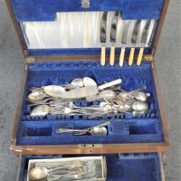 Vintage-Viner-Hall-Sheffield-double-drawer-wooden-Canteen-with-incomplete-EPNS-cutlery-set-felt-lined-small-damage-top-corner-no-key-Sold-for-43-2021