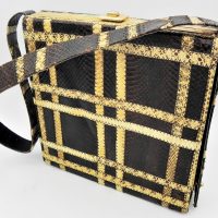 Vintage-brown-cream-patterned-Reptile-skin-should-bag-square-gilt-mounts-black-leather-lined-Sold-for-81-2021