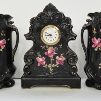 c1900s-Garniture-Set-incl-Mantle-Clock-Black-ceramic-with-scroll-detailed-with-gild-and-Rose-floral-detail-to-front-28cm-H-with-2-x-Matching-Twin-Ha-Sold-for-93-2021