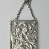 c1905-silver-plate-Dance-card-holder-for-Chatelaine-ornately-embossed-with-pencil-on-chain-and-hook-gc-Sold-for-81-2021