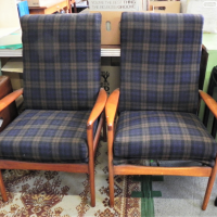 Pair-Mid-Century-Modern-Fler-Norsk-Arm-Chairs-stylish-teak-timber-frames-with-shaped-armrests-dark-blue-check-print-upholstery-Sold-for-224-2021