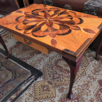 Vintage-Wooden-Coffee-Table-w-Inlaid-Geometric-Pattern-Throughout-Drawer-to-Either-Side-Sold-for-174-2021